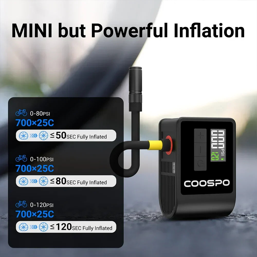 Mini pompe à air électrique Gonfleur de pneus numérique portable 120 PSI Noir