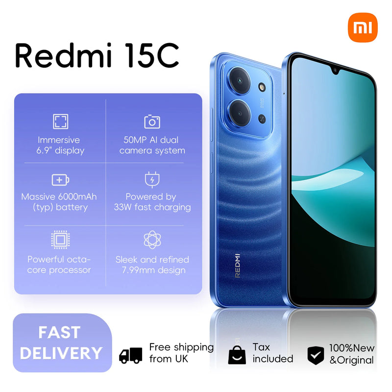 Xiaomi Redmi 15C 4G, Versão Global 4+256GB, Tela de 6.9” 120Hz, Processador MediaTek Helio G81-Ultra, 50MP, 6000mAh, 33W, Impressão digital lateral, NFC