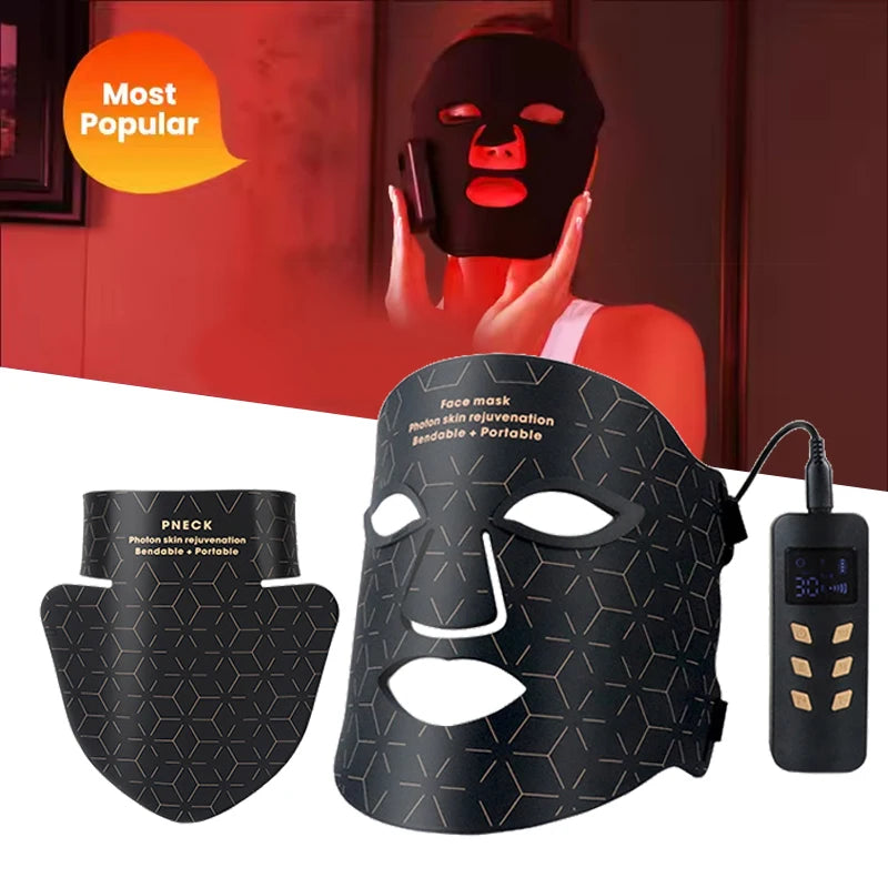 Atacado silicone led máscara facial com pescoço led fóton luz vermelha terapia infravermelha flexível máscara facial reparação pele uso sem fio