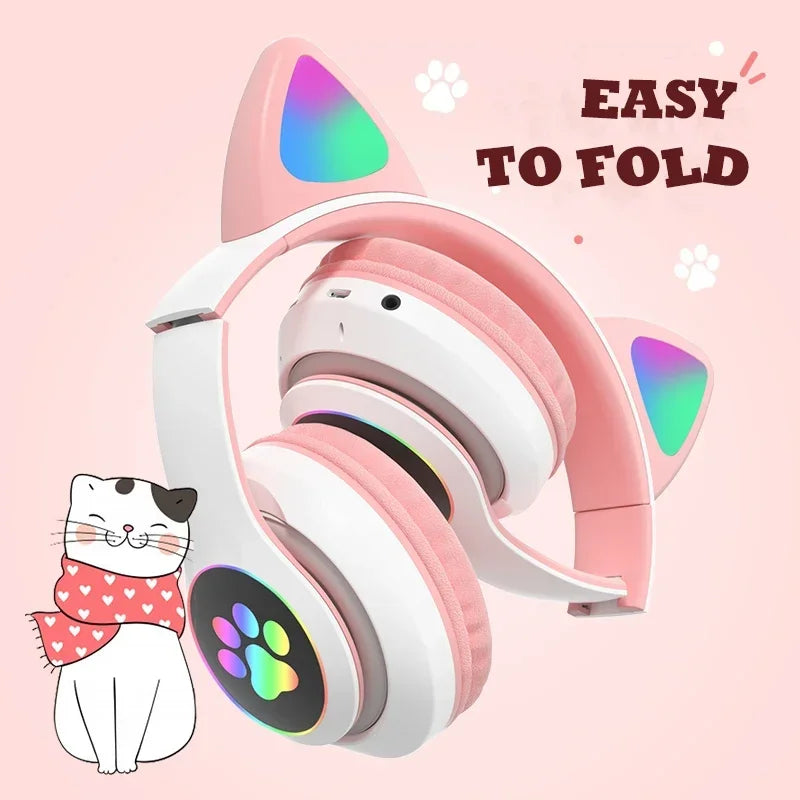Casque sans fil à oreilles de chat rose