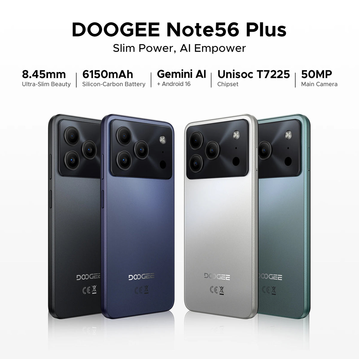 Smartphone DOOGEE Note56 Plus Android 16 Gemini AI Bateria de 6150mAh Tela de 6.56'' 6GB RAM 256GB ROM Telefone Móvel Widevine L1
