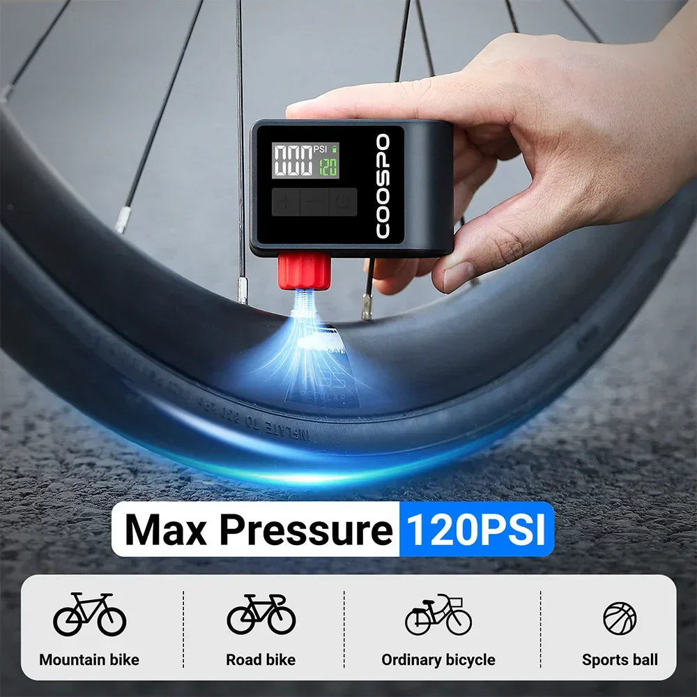 Mini pompe à air électrique Gonfleur de pneus numérique portable 120 PSI Noir
