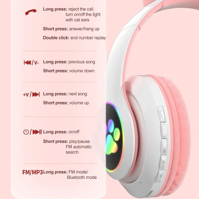 Casque sans fil à oreilles de chat rose