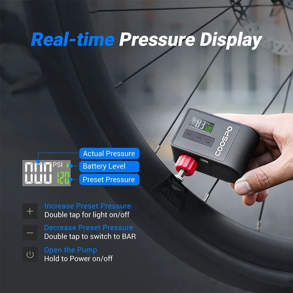 Mini pompe à air électrique Gonfleur de pneus numérique portable 120 PSI Noir