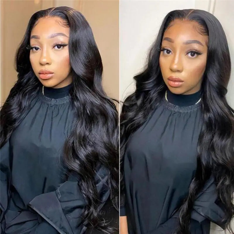 Perruques de cheveux humains Remy Black Body Wave naturelles perruque avant en dentelle pré-épilée 180% de densité perruque frontale en dentelle transparente HD