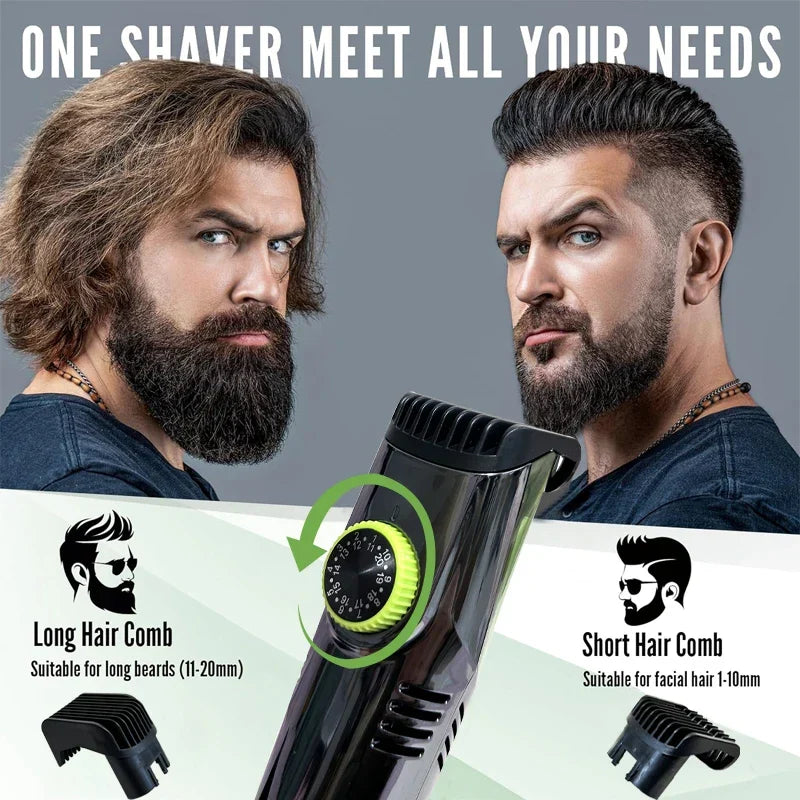 Tondeuse à Barbe sans Fil et Rasoir Électrique 20 Niveaux de Coupe Vert