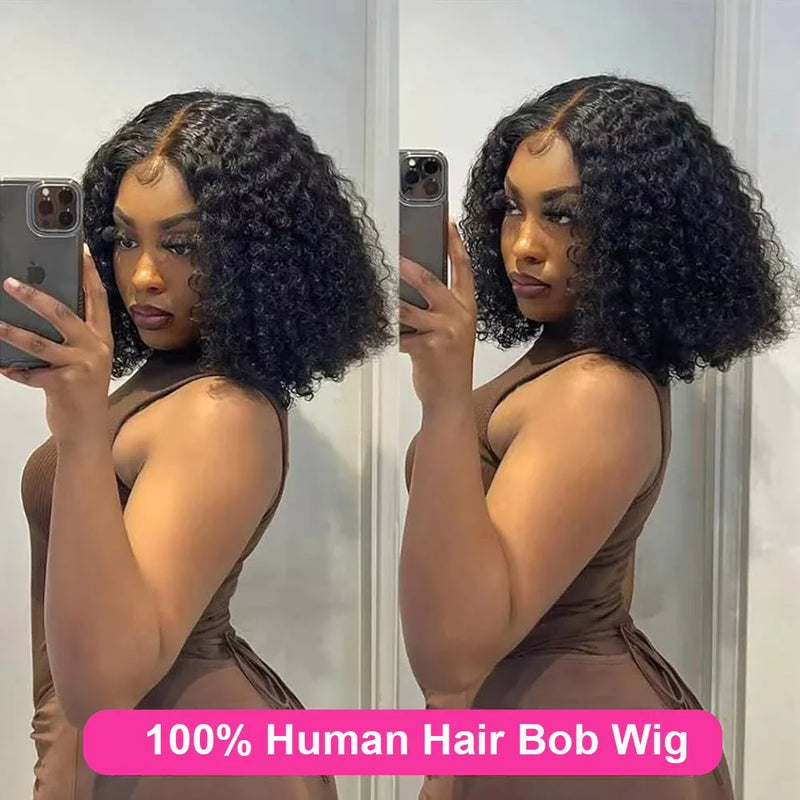 Perruque 13x4 Lace Closure 100% Cheveux Humains Perruque Bouclée Profonde Perruque Jerry Curly Courte Bob Avec Baby Hair Double Trame Ondulée Profonde Pour Femmes Noires