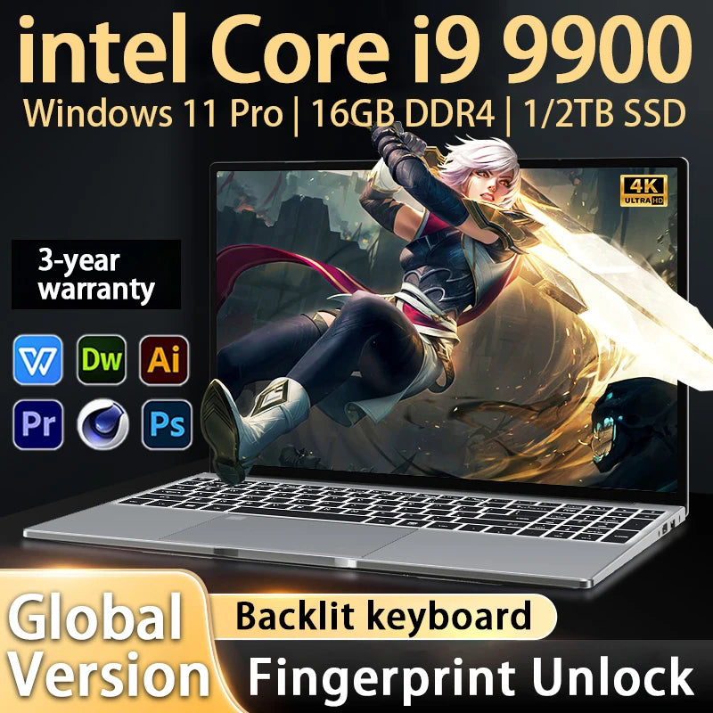 Novo Laptop 2026 de 15.6 Polegadas com Windows 11, Intel Core i9 9900, 16GB de RAM, SSD de 1TB/2TB, Desbloqueio por Impressão Digital, para Estudo, Escritório e Jogos