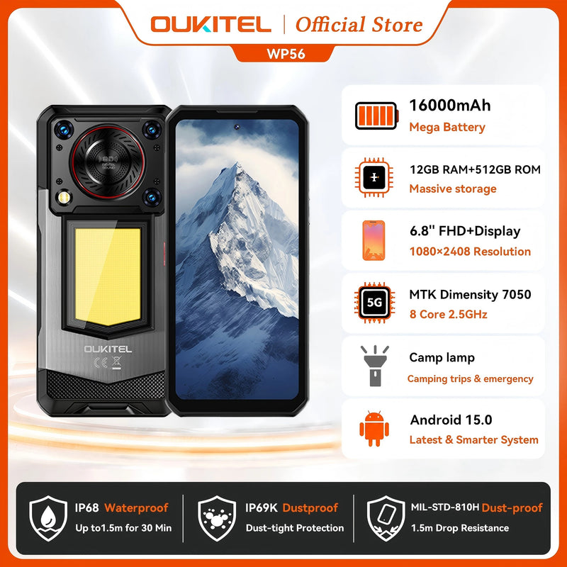 OUKITEL WP56 5G Telefone Robusto com Bateria de 16000mAh, Câmera de 108MP, Smartphone Android NFC, 12GB+512GB, Tela de 6.8" 120Hz, À Prova D'água para Uso Externo
