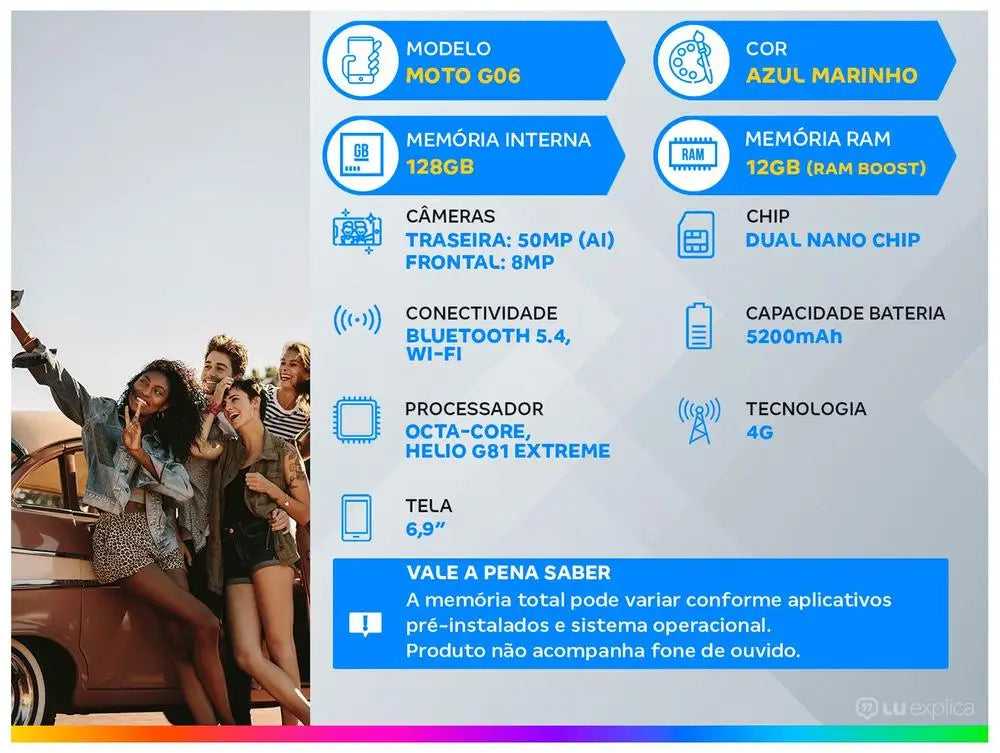 Smartphone Motorola Moto g06 128GB 4GB Ram Azul Marinho 6,9" Câm. 50MP + Selfie 8MP