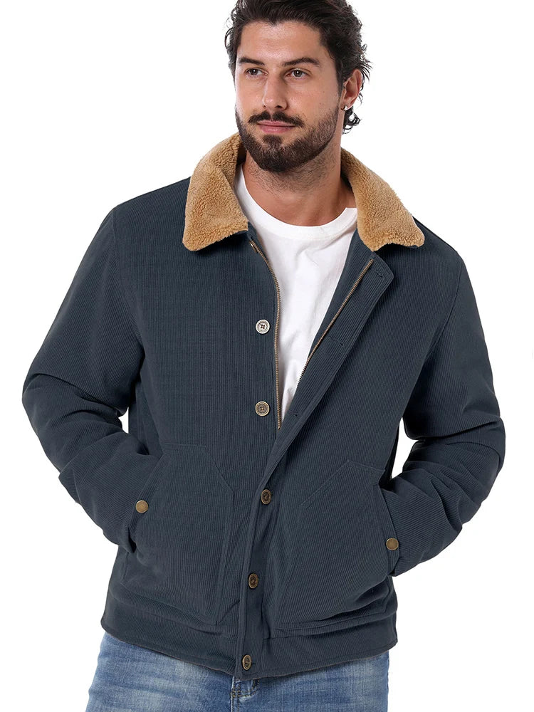 Men's Winter Corduroy Jacket Fleece Warm  Lined Cargo Work Jacket Casual Thick Sherpa Collar Trucker Deck Navy Coats