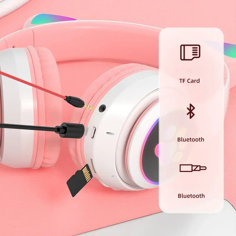 Casque sans fil à oreilles de chat rose