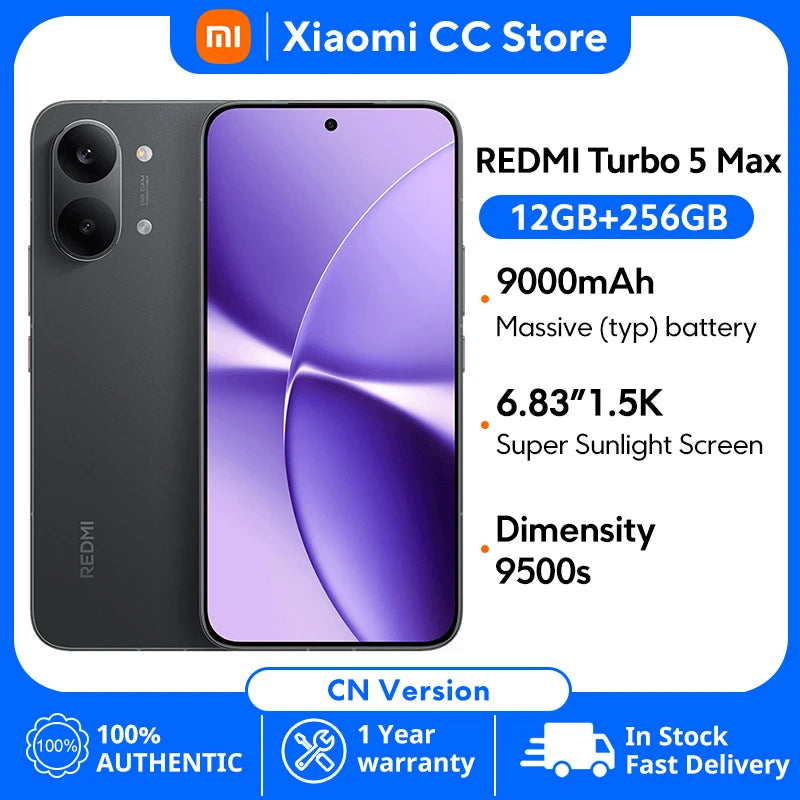 XIAOMI Redmi Turbo 5 Max Versão CN Tela de 6.83" 1.5K 3500nits Dimensity 9500s 9000mAh Carregamento de 100W Smartphone 50MP IP69K