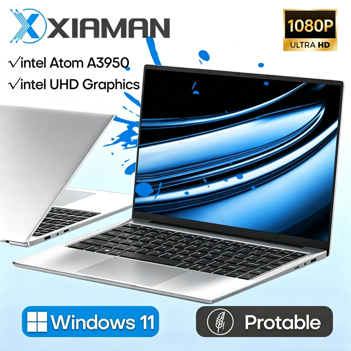 Ordinateur portable Xiaman avec écran HD de 14,1 pouces, Windows 11 Pro, Intel Atom A3950, ordinateur portable léger pour le bureau et les études