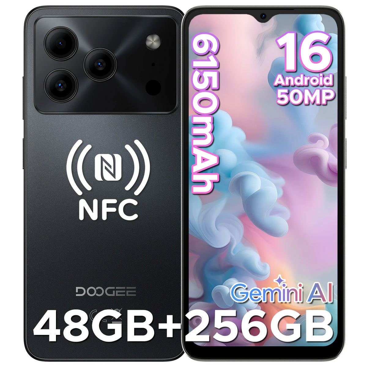 Smartphone DOOGEE Note56 Plus Android 16 Gemini AI Bateria de 6150mAh Tela de 6.56'' 6GB RAM 256GB ROM Telefone Móvel Widevine L1