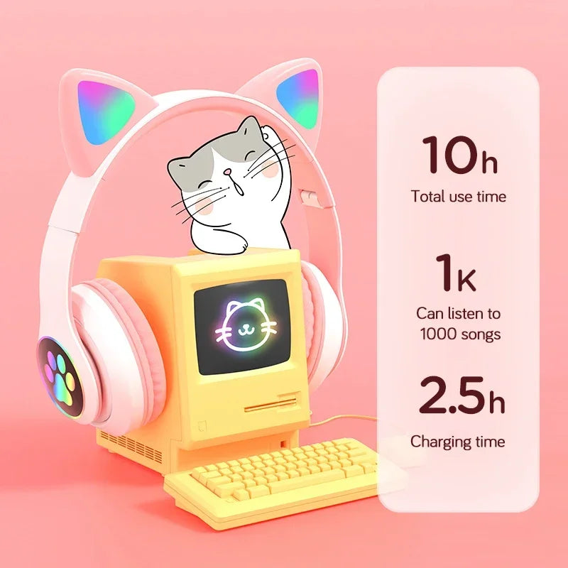 Casque sans fil à oreilles de chat rose