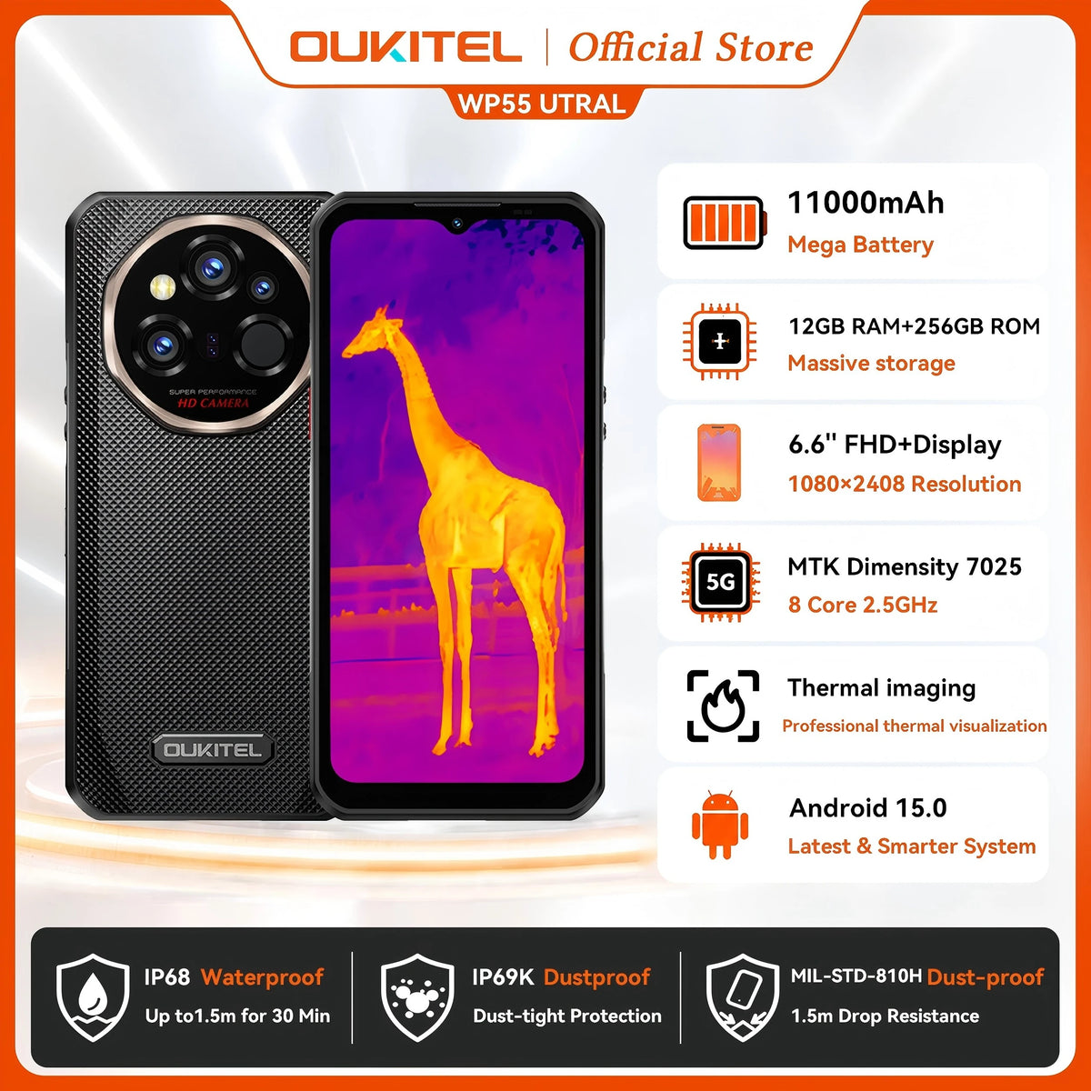 OUKITEL WP55 Telefone Ultra Resistente - Imagem Térmica 5G MTK 7025, 11000mAh, 48+512GB, 108MP 6.6" NFC Android 15 Móvel