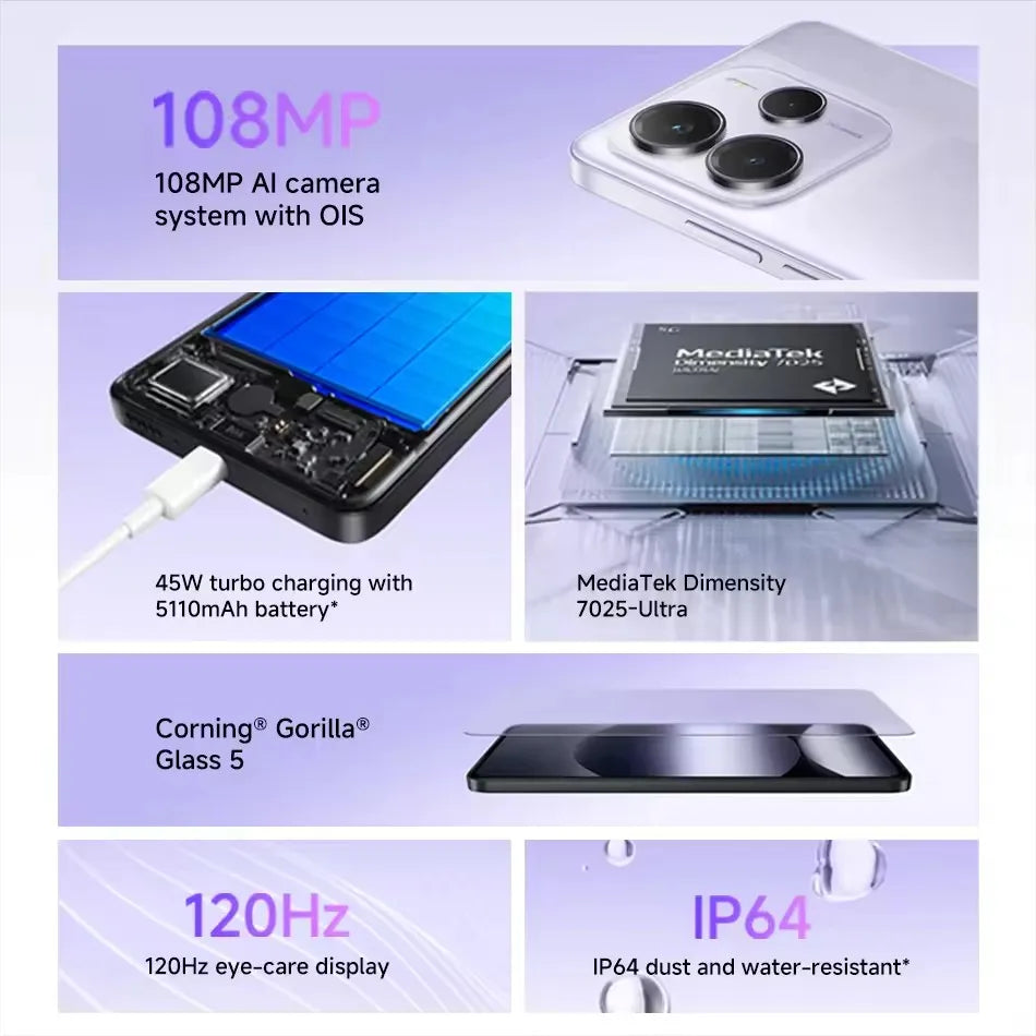 Versão Global Xiaomi Redmi Note 14 5G Smartphone 5G MTK Dimensity 7025-Ultra Câmera de 108MP 5110mAh Carregamento Turbo de 45W NFC