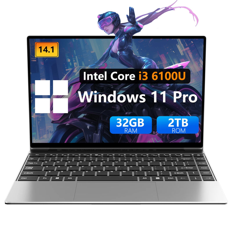 Laptop Ultrafino com Processador Intel Core i3 de 6ª Geração, 32GB de RAM, SSD de 1TB/2TB, Tela de 14.1 Polegadas, para Escritório, Estudo e Jogos, com Windows 11, Notebook Portátil
