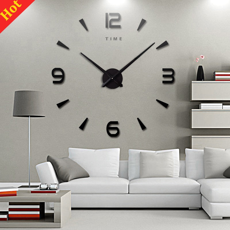 Grande horloge murale à quartz 3D à monter soi-même, grande montre décorative, horloges de cuisine, autocollant miroir en acrylique, horloges murales surdimensionnées, décoration de maison avec lettres