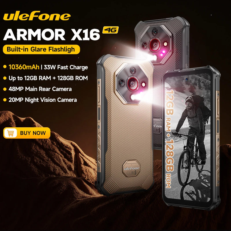 Ulefone Armor X16 4G Smartphone Robusto Android 15 Até 12GB+128GB 10360mAh Lanterna de Alta Luminosidade Câmera Principal de 48MP