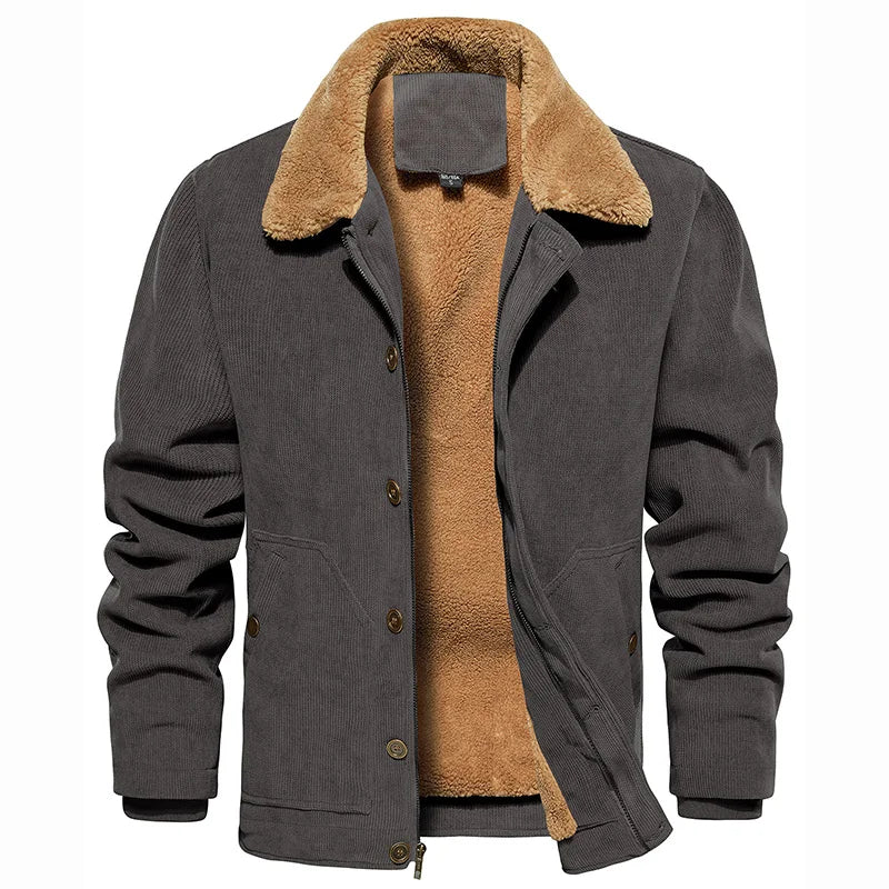 Men's Winter Corduroy Jacket Fleece Warm  Lined Cargo Work Jacket Casual Thick Sherpa Collar Trucker Deck Navy Coats