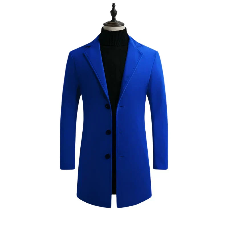 Men's Cotton Wool Blend Long Windbreaker Coat (Black Sky Blue)-0