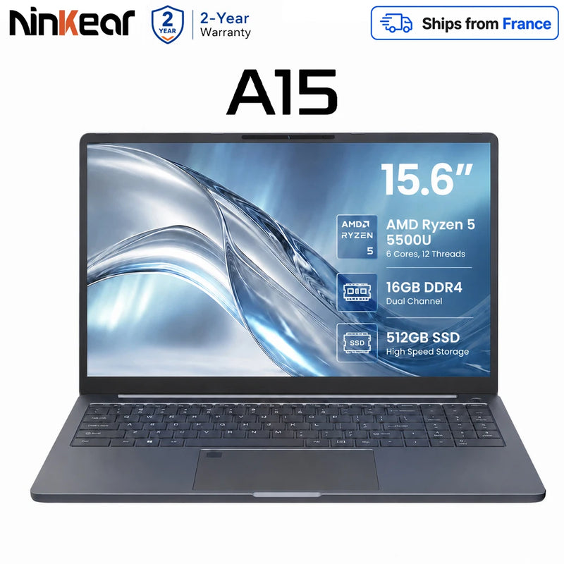 Notebook Ninkear A15 Pro 15.6 Polegadas FHD IPS AMD Ryzen 5 5500U 16GB RAM 512GB SSD Metal com Desbloqueio por Impressão Digital Teclado Retroiluminado WiFi 6 USB-C PD 65W Carregamento Rápido Windows 11 Computador Portátil