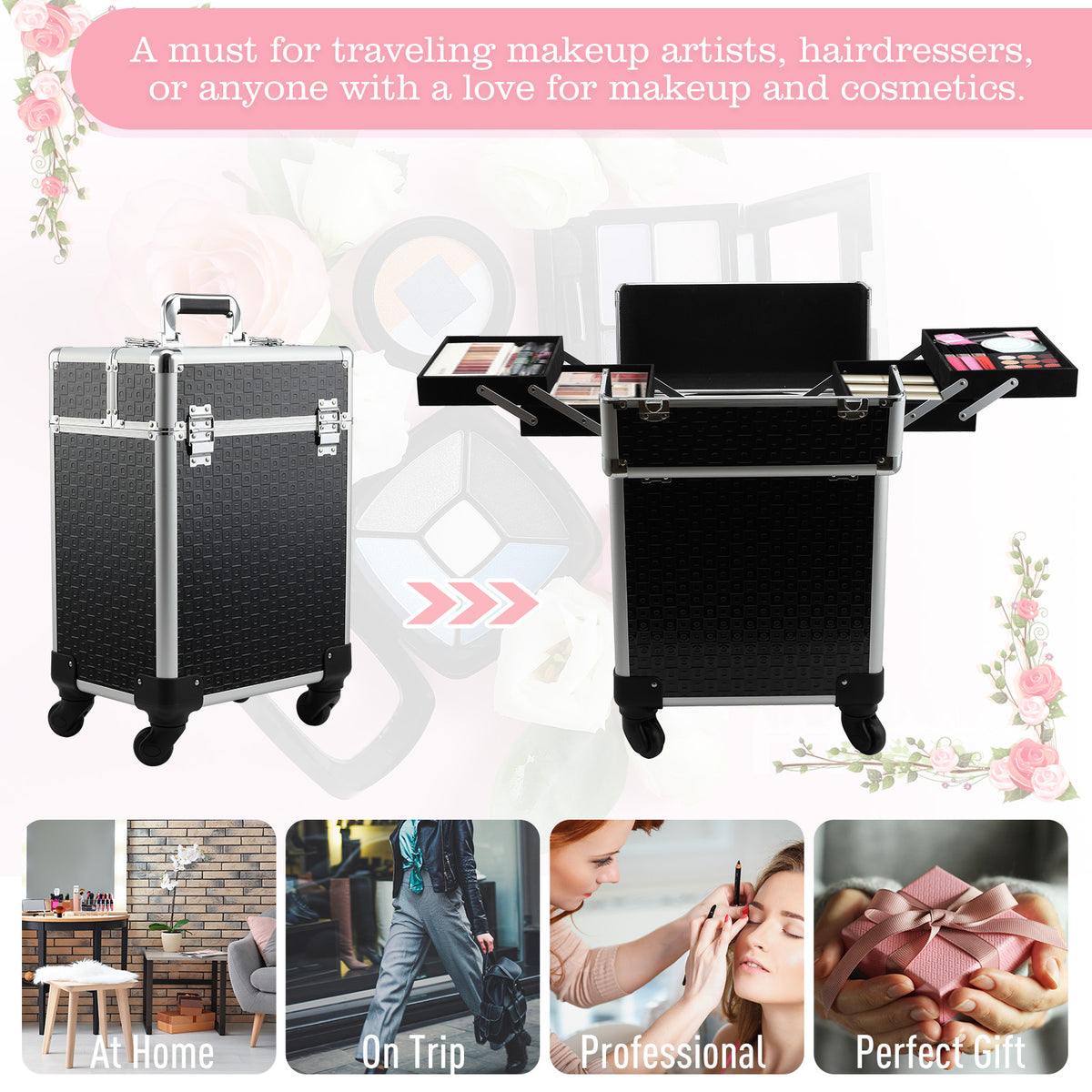 Valise trolley maquillage mallette cosmétique vanity poignée télescopique réglable 34L x 24l x 52H cm alu. noir