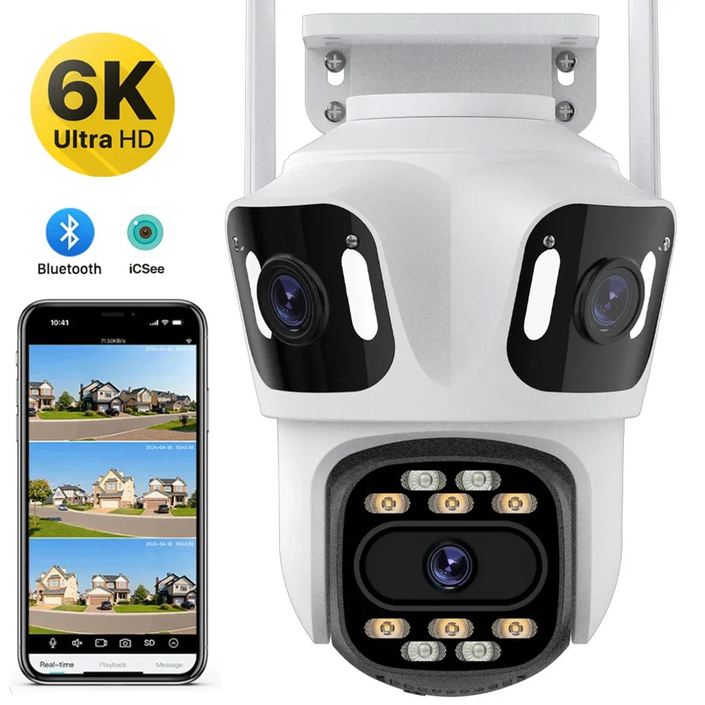 Caméra de surveillance WiFi extérieure Full HD 6K à trois objectifs