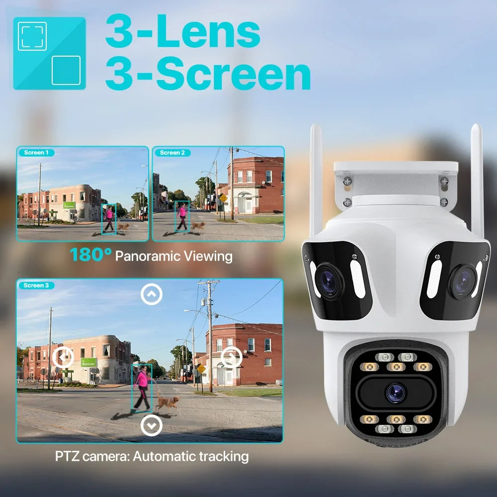 Caméra de surveillance WiFi extérieure Full HD 6K à trois objectifs