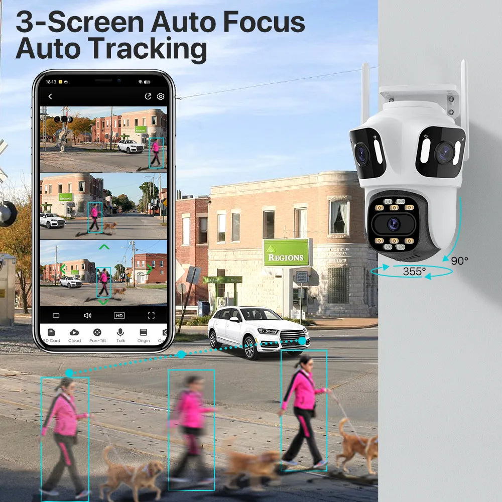 Caméra de surveillance WiFi extérieure Full HD 6K à trois objectifs