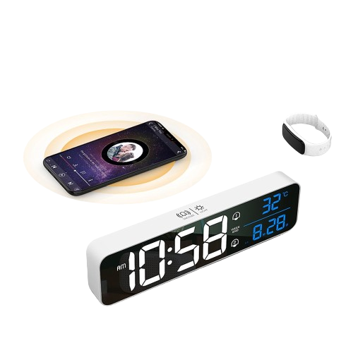 Réveil numérique musical à LED Affichage de la température et de la date Horloge miroir de bureau Décoration de table Contrôle vocal Batterie de 2400 mAh