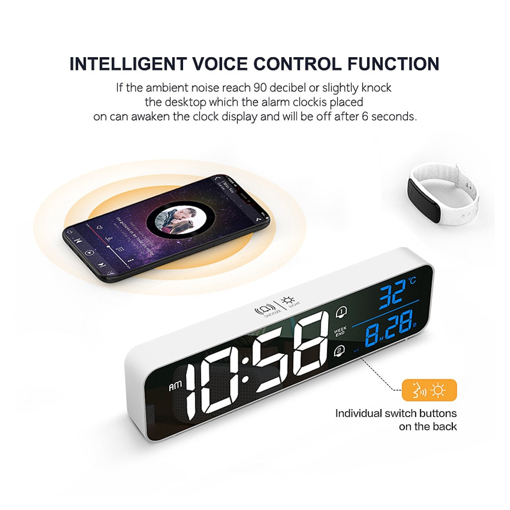 Réveil numérique musical à LED Affichage de la température et de la date Horloge miroir de bureau Décoration de table Contrôle vocal Batterie de 2400 mAh