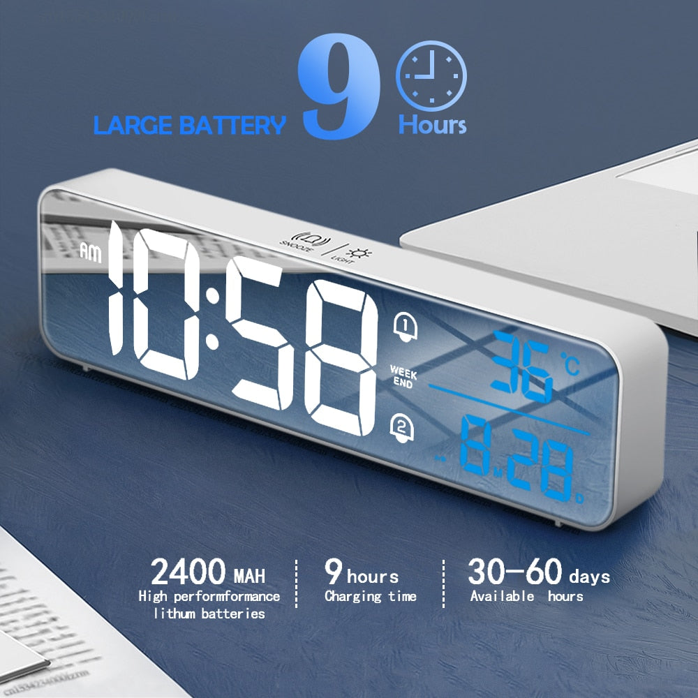 Réveil numérique musical à LED Affichage de la température et de la date Horloge miroir de bureau Décoration de table Contrôle vocal Batterie de 2400 mAh