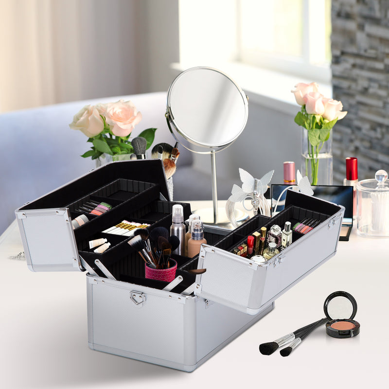 Mallette de maquillage à 3 niveaux, boîte à cosmétiques avec clés, 36,5 x 24 x 29 cm, argent