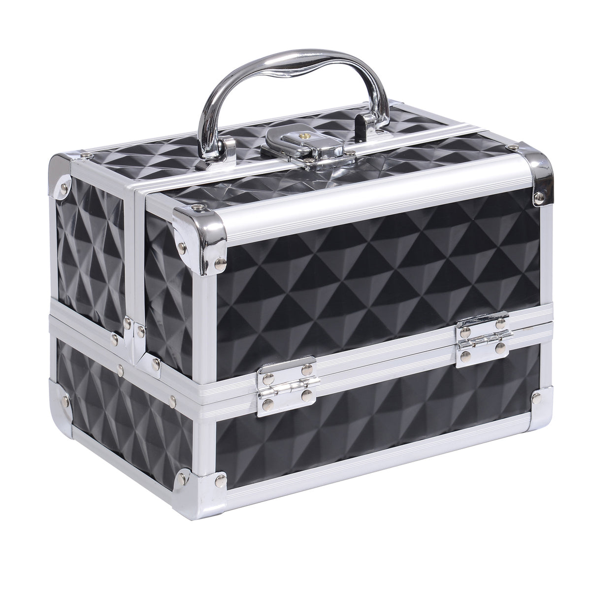 Mallette de maquillage de rangement à 3 niveaux avec miroir, verrouillable avec 2 clés, dim. 20L x 15l x 15H cm noir