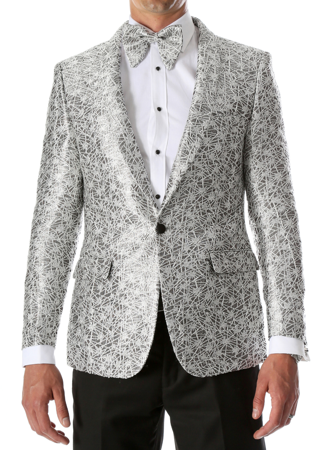 Men's Rene Abstract Silver Modern Fit Shawl Collar Tuxedo Blazer - Young Man’s Prom Wear-0