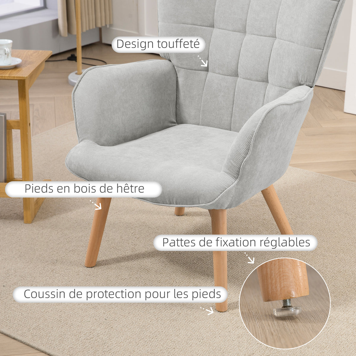 Fauteuil avec repose-pieds, dossier haut, pieds en bois et tissu aspect velours côtelé, pour salon chambre à coucher gris