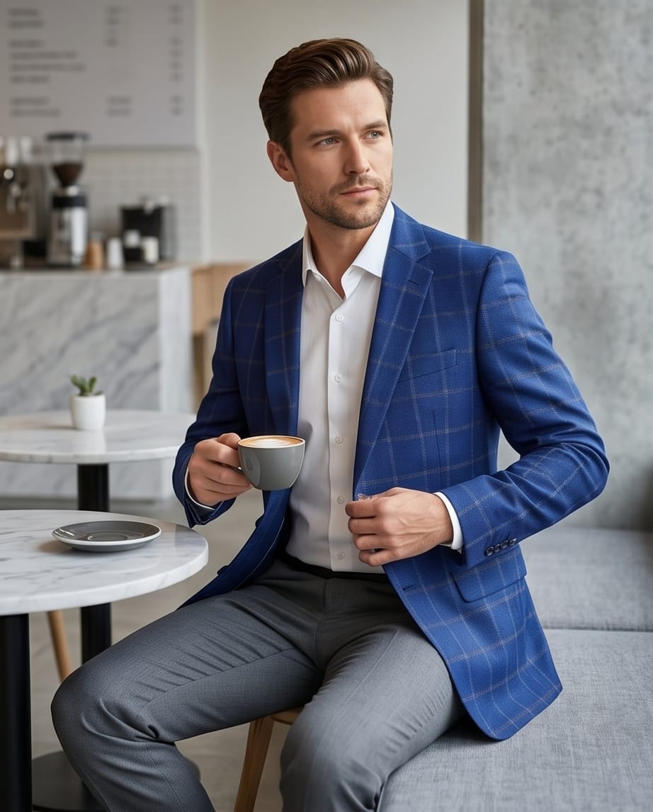 Royal Blue Windowpane Check Blazer-3