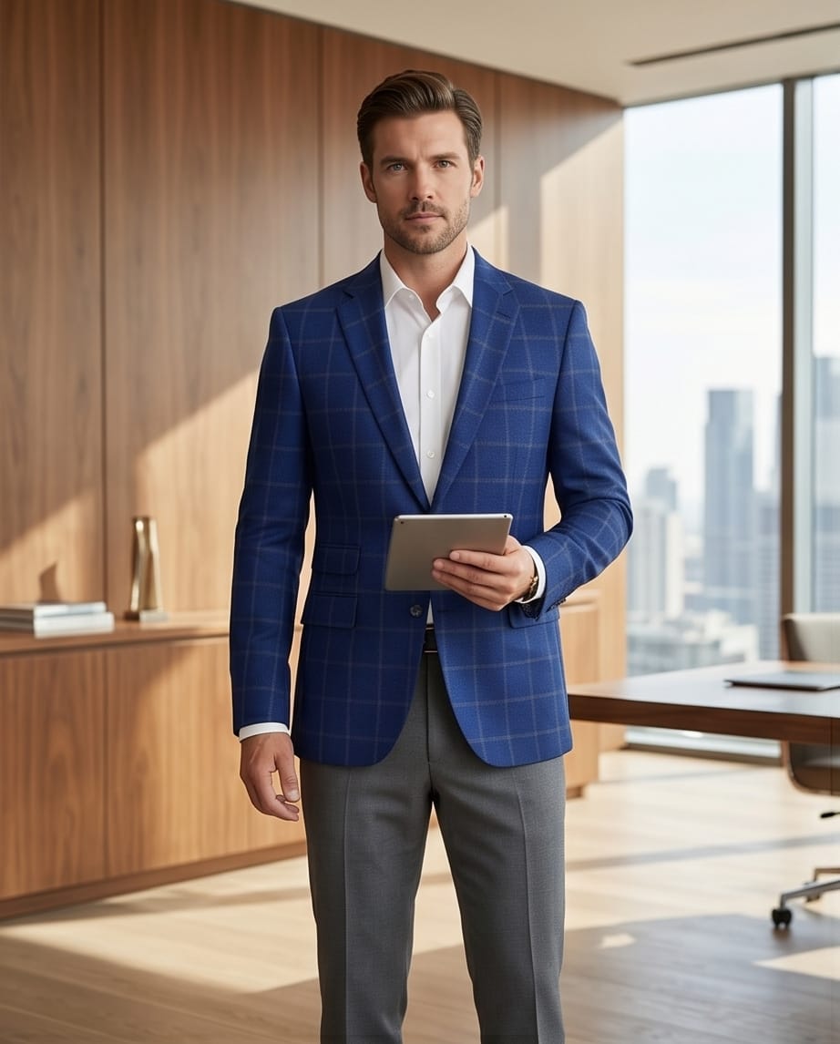 Royal Blue Windowpane Check Blazer-0