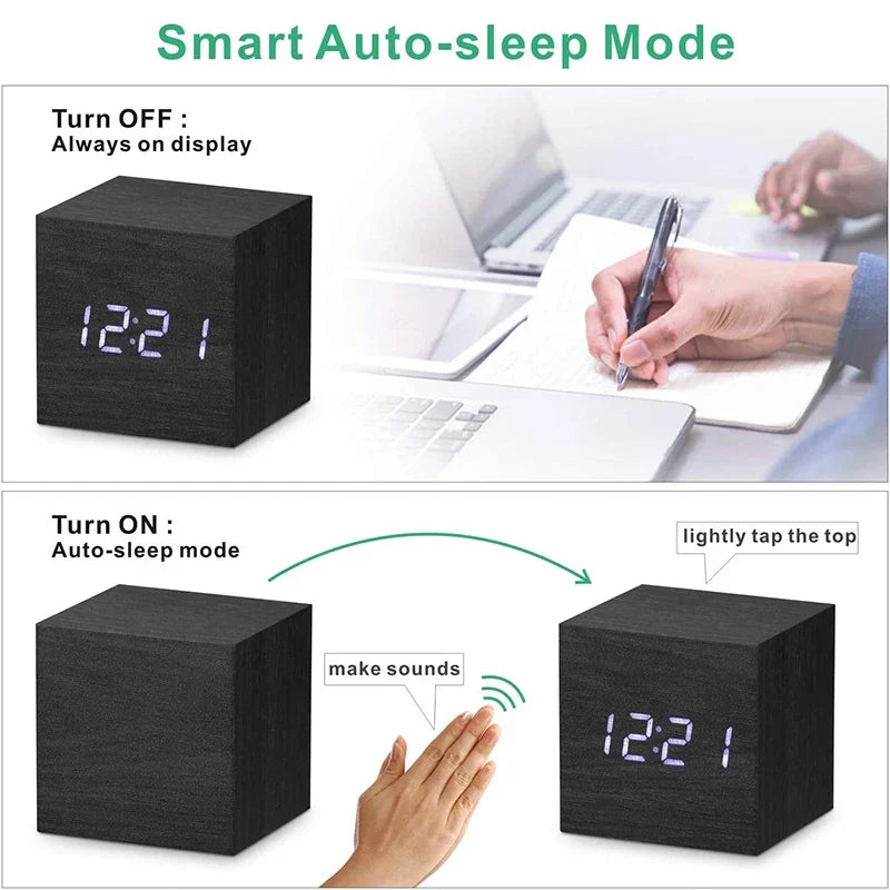 Wooden Digital Alarm Clock – LED Display with Temperature & Sound Control