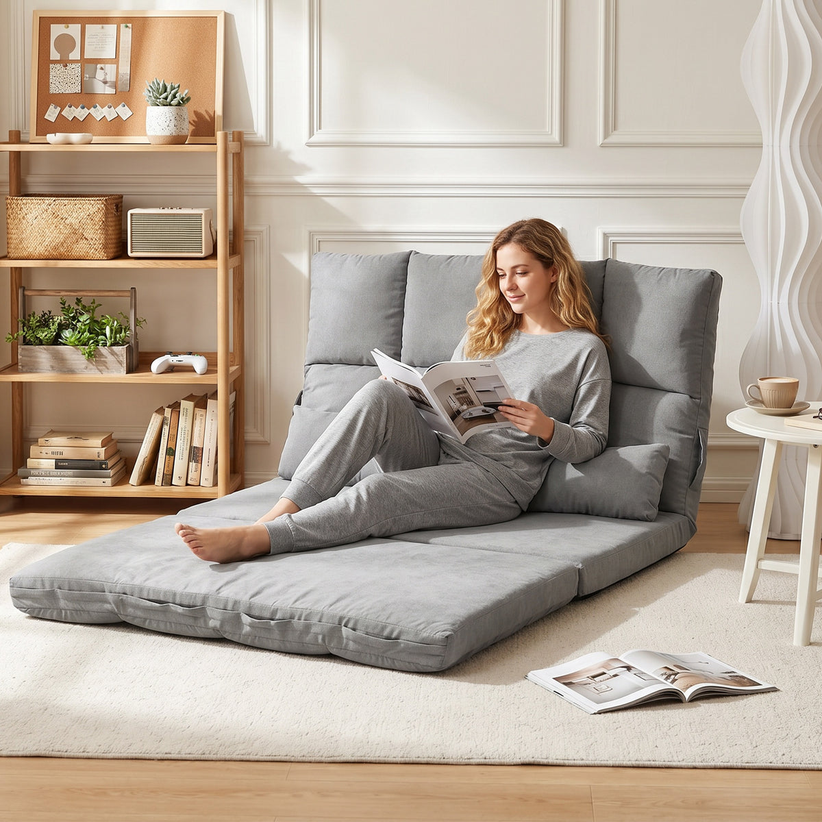 Chauffeuse 2 places canapé-lit convertible fauteuil de sol pliable dossier réglable 2 coussins inclus en polyester aspect daim, pour salon, chambre et bureau, gris