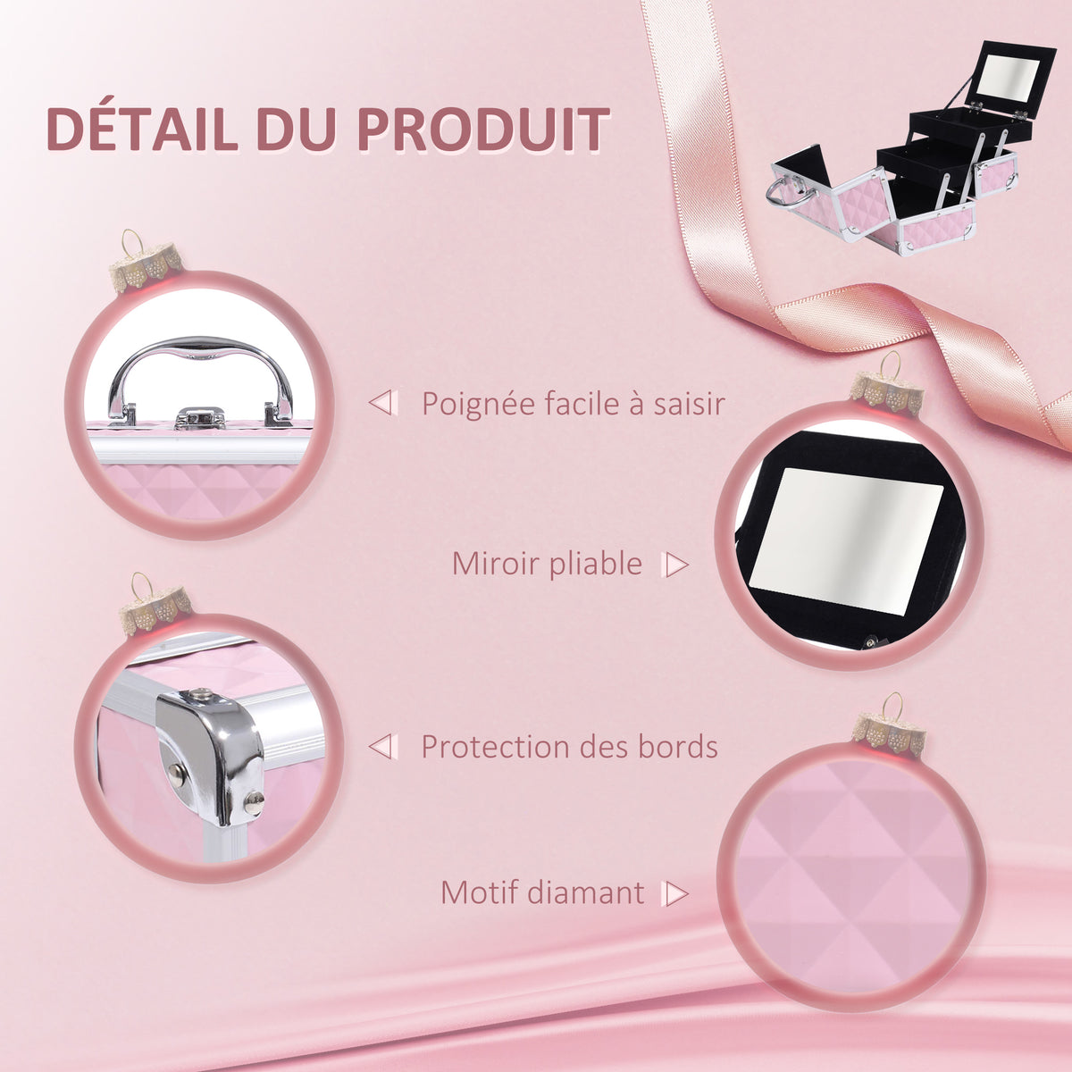 Mallette à maquillage rangement à 3 niveaux avec miroir verrouillage avec 2 clés dim. 20L x 15l x 15H cm rose