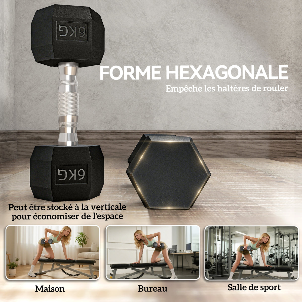 Ensemble d'haltères courtes, lot de 2 haltères hexagonaux recouverts de caoutchouc, acier noir