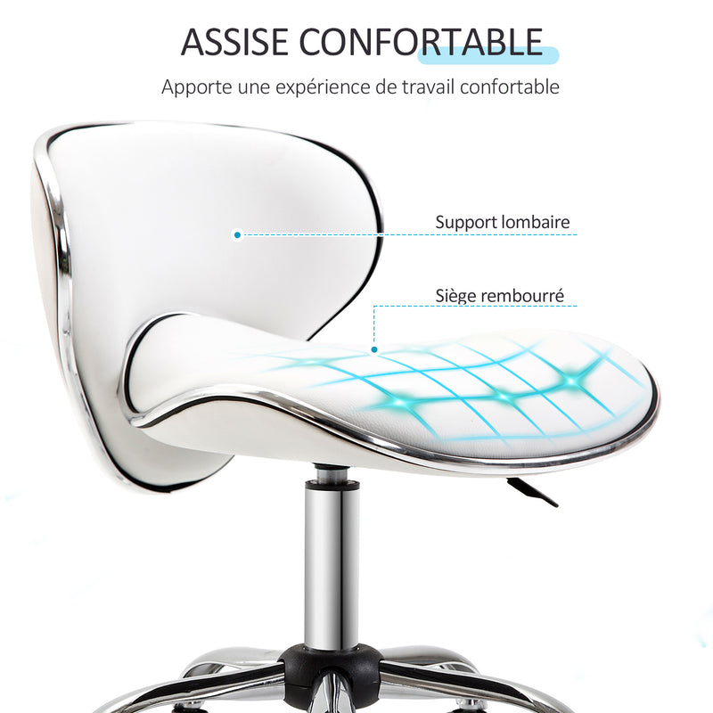 Tabouret à roulettes tabouret de travail avec hauteur réglable 44-56 cm et dossier, pivotant 360°, blanc