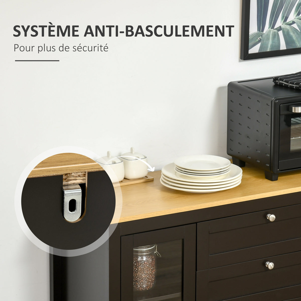 Buffet meuble de rangement 1 placard double porte 2 placards à porte vitrée 2 tiroirs étagère réglable 120x40x90cm noir