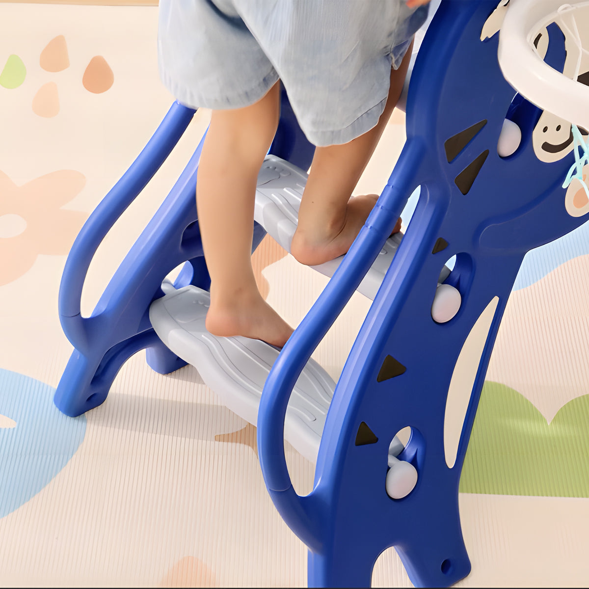 Tobogã infantil, escorrega infantil interior, com cesto de basquetebol, tema tigre, 18-36 meses, azul