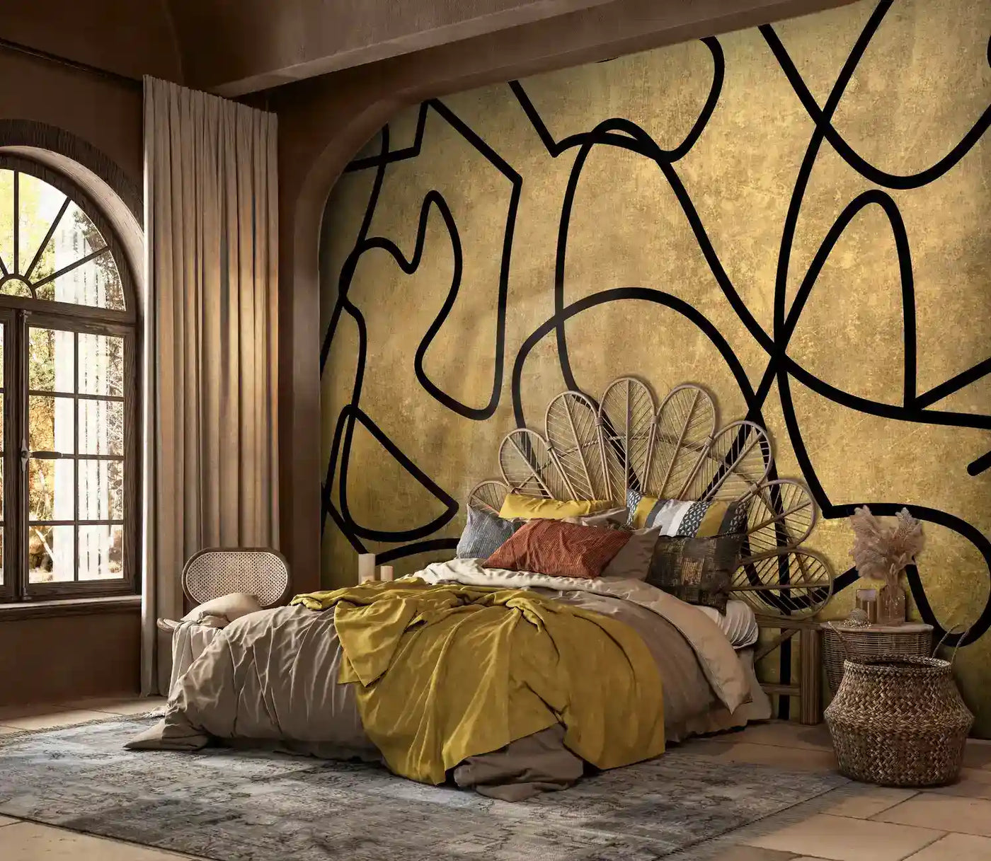 Abstract Gold and Black Linework Wall Mural-0
