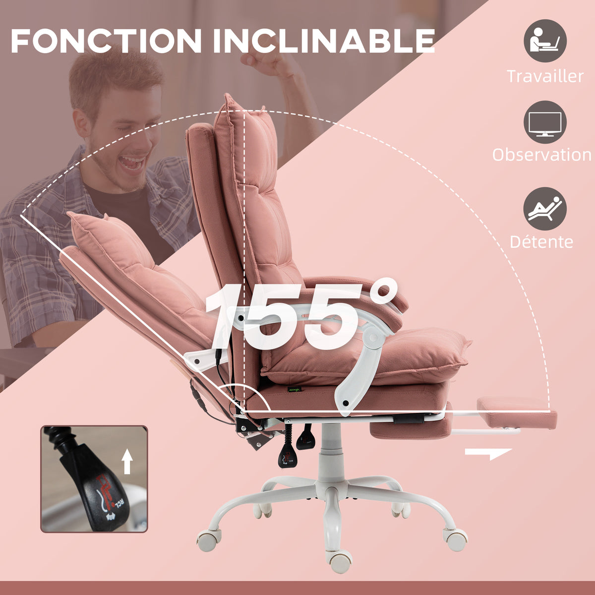 Fauteuil de bureau massant et chauffant, chaise de bureau, hauteur réglable, dossier inclinable, 66x74x121,5cm rose